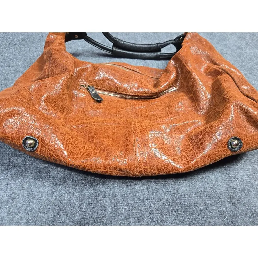 Lola Bernard Hobo Bag Brown Leather Croc Embossed Medium Purse Black Liner